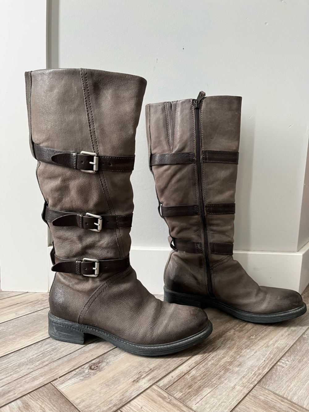 Miz Mooz Leather Taupe Brown Mid-Calf Buckle Riding Boots